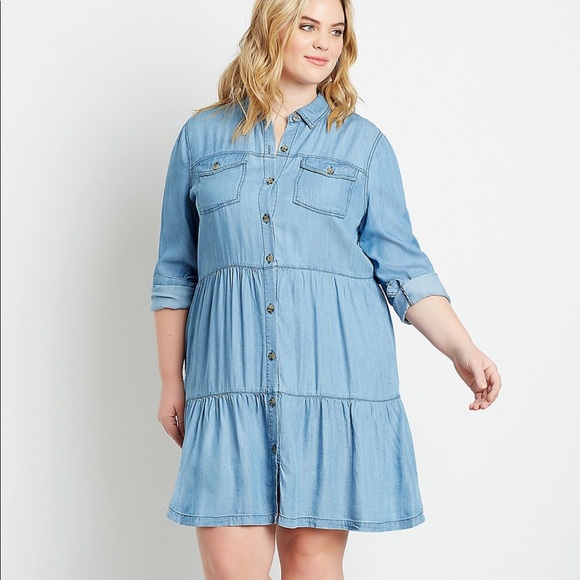 Plus sz 0x Chambray Button Up Babydoll Dress - Picture 1 of 12